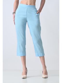 ALL WAYS YOU - Womens Light Blue Solid Cotton Blend Calf Length Capri