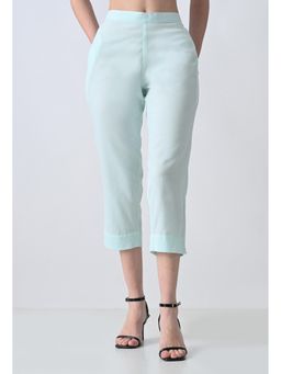 ALL WAYS YOU - Womens Sea Green Solid Cotton Blend Calf Length Capri