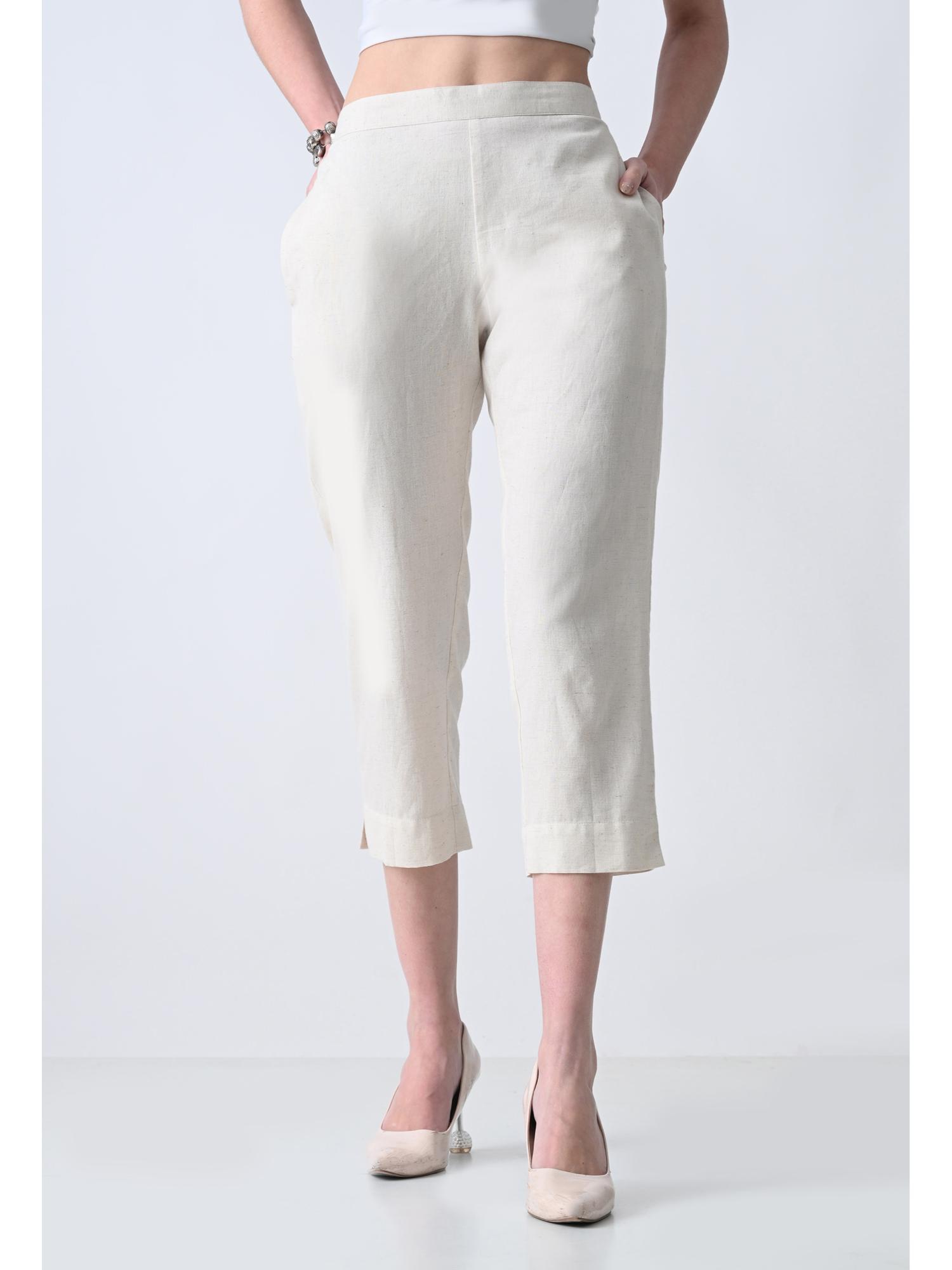 Womens White Solid Cotton Blend Calf Length Capri-picture-36