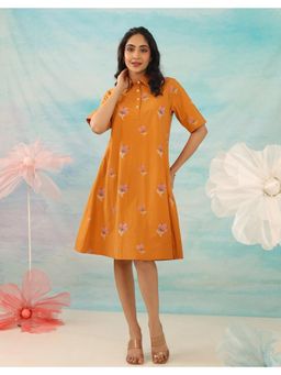 CUSTARD - Rich Mustard Floral Embroidery Cotton Midi Dress