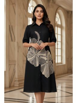 CUSTARD - Womens Black Floral Embroidered Midi Shirt Dress