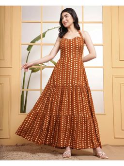 Deebaco - Tan Brown Rayon Polka Halter Neck Tiered Womens Maxi Dress