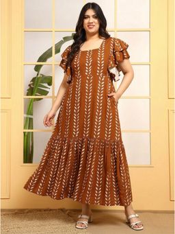 Deebaco - Womens Tan Brown Leaf Print Rayon Plus Size Maxi Dress