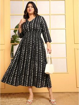 Deebaco - Womens Black Plus Size Polka Rayon Midi Smocked A-Line Dress
