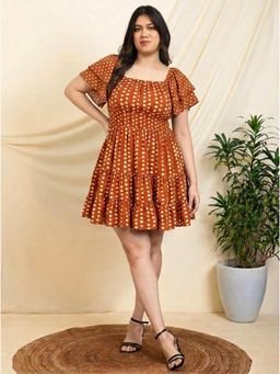 Deebaco - Womens Tan Brown Polka Pure Rayon Dress Plus Size Western Dress