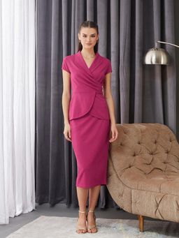 Miss Chase - Women’s Magenta Collared Pleated Knee-Length Formal Co-Ord Set