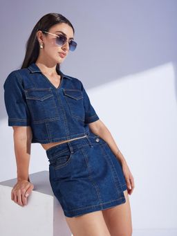 Miss Chase - Womens Blue Denim V-Neck Cropped Top and Mini Skorts Co-Ord Set
