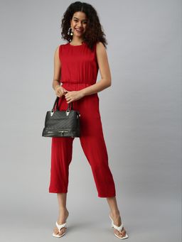 SHOWOFF - Women Red Solid Round Neck Sleeveless Jumpsuit