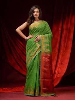 CHARUKRITI - Light Green Cotton Woven Ethnic Motifs and Temple Borders Saree with Unstitched Blouse