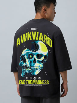 Bewakoof - Men's Black Socially Awkward Graphic Printed Super Loose Fit T-shirt