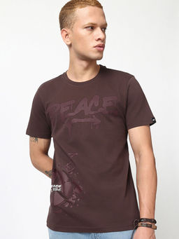 Bewakoof - Men's Chocolate Brown Peace Vibe Graphic Printed T-shirt