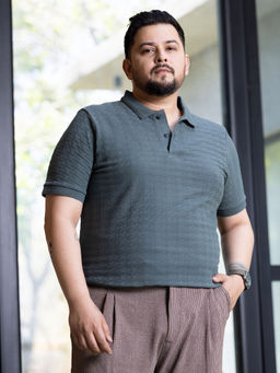 Instafab Plus - Grey Self Design Regular Fit Polo T-Shirt
