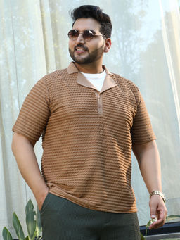 Instafab Plus - Brown Self Design Regular Fit Polo T-Shirt