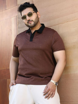 Instafab Plus - Brown Self Design Regular Fit Polo T-Shirt
