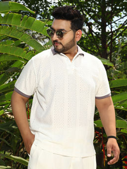Instafab Plus - White Self Design Regular Fit Polo T-Shirt