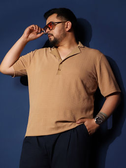 Instafab Plus - Brown Self Design Regular Fit Polo T-Shirt