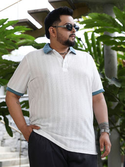 Instafab Plus - White Self Design Regular Fit Polo T-Shirt