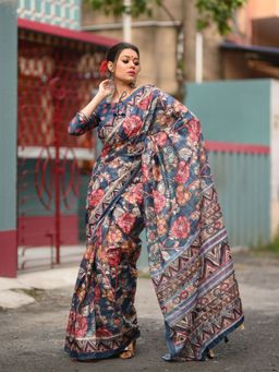 Odette - Linen Blue Traditional Kalamkari Printed Saree with Unstitched Blouse