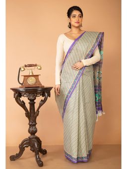 Unnati Silks - Ivory Pure Krisha Block Printed Cotton Saree with Unstitched Blouse