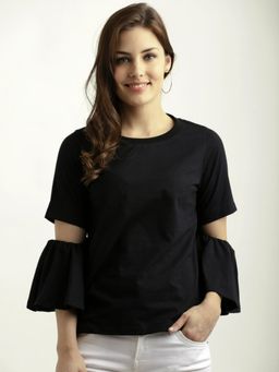 Miss Chase - Women's Black Round Neck 3/4 Sleeve Cotton Gathered Cut Out Detail Top