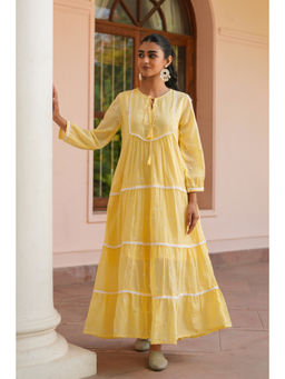 Scakhi - Mustard Cotton Mulmul Embroidered Tiered Maxi Dress