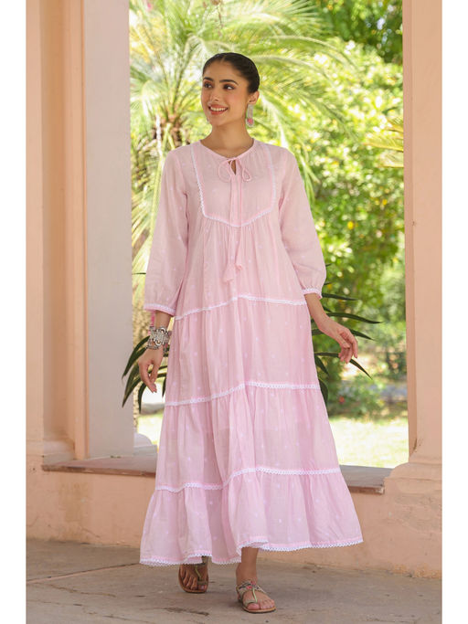 Buy Scakhi Pink Cotton Mulmul Embroidered Tiered Maxi Dress (M) Online