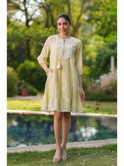Scakhi - Lime Green Cotton Mulmul Embroidered Tiered Mini Dress