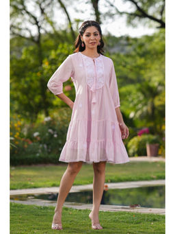 Scakhi - Pink Cotton Mulmul Embroidered Tiered Mini Dress