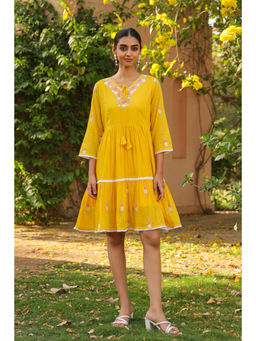 Scakhi - Mustard Cotton Mulmul Embroidered Dress