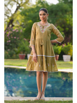 Scakhi - Olive Cotton Mulmul Embroidered Dress