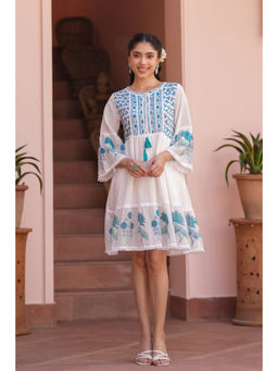 Scakhi - Teal Floral Cotton Block Printed Midi Tiered Dress