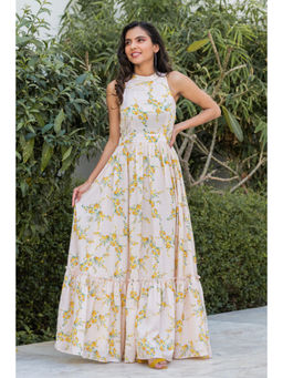 Kohsh - Cream & Yellow Women Viscose Floral Print Maxi Dress