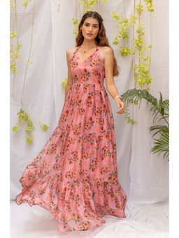 Kohsh - Pink Women Viscose Floral Print Halter Tie-Up Maxi Flare Dress