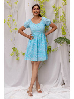 Kohsh - Blue Women Cotton Floral Print Mini Fit & Flared Dress