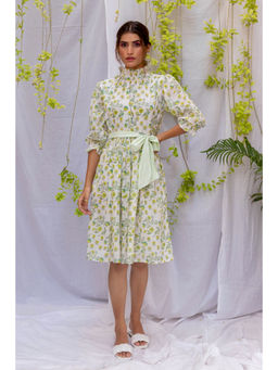 Kohsh - White & Green Women Cotton Floral Print Knee Length Flare Dress with Belt