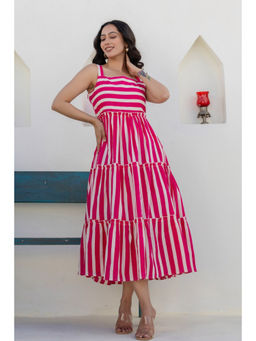 Kohsh - Pink & White Women Cotton Stripes Print Midi Flare Dress