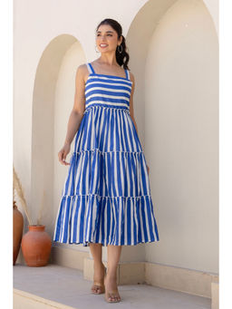Kohsh - Blue & White Women Cotton Stripes Print Midi Flare Dress