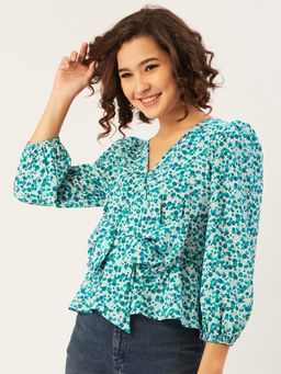 ANVI Be Yourself - Women Turquoise Blue Printed Puff Sleeves Chiffon Wrap Top