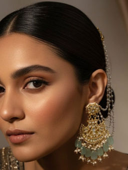 Ruby Raang Studio - Three Pearl Layered Ear Chain In Green with Kundan Earrings