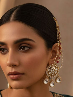 Ruby Raang Studio - Three Pearl Layered Ear Chain In Maroon with Kundan Earrings