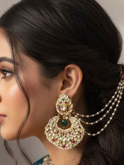 Ruby Raang Studio - Three Layered Pearl Kaan Chain with Maroon Kundan Earrings