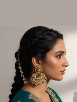 Ruby Raang Studio - Kundan Maroon Ear Chain with Pearls Earrings