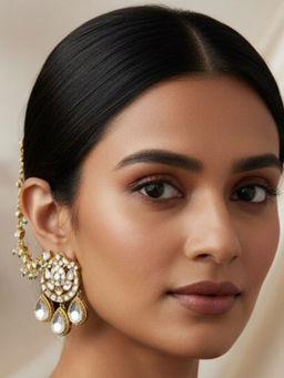 Ruby Raang Studio - Kundan and Pearl Ear Chain and Earrings