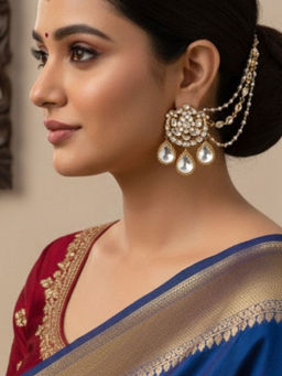 Ruby Raang Studio - Three Layered Pearl Kanoti Kaan Chain with Kundan Earrings