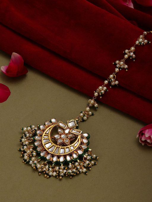 Ruby Raang Studio Green Meenakari and Pearl Kundan Maang Tikka