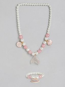 EL REGALO - Kids Girls Jewellery Necklace and Bracelet Combo Pink and White (Set of 2)