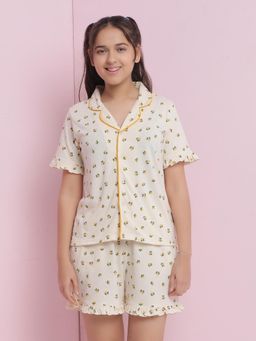 Lil Tomatoes - Cream Girls Printed Cotton Night Suit (Set of 2)