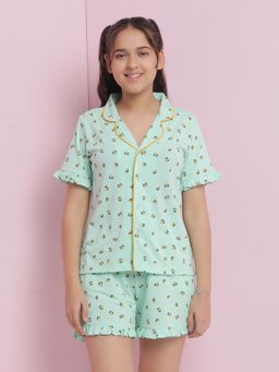 Lil Tomatoes - Light Green Girls Printed Cotton Night Suit (Set of 2)
