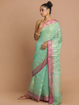 Indethnic - Banarasi Green Woven Design Daily Wear Saree With Unstitched Blouse