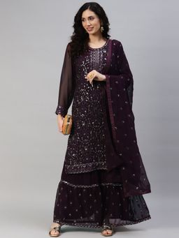 Readiprint - Semi-Stitched Georgette Burgundy Kurti with Bottom and Dupatta (Set of 3) (Free Size)